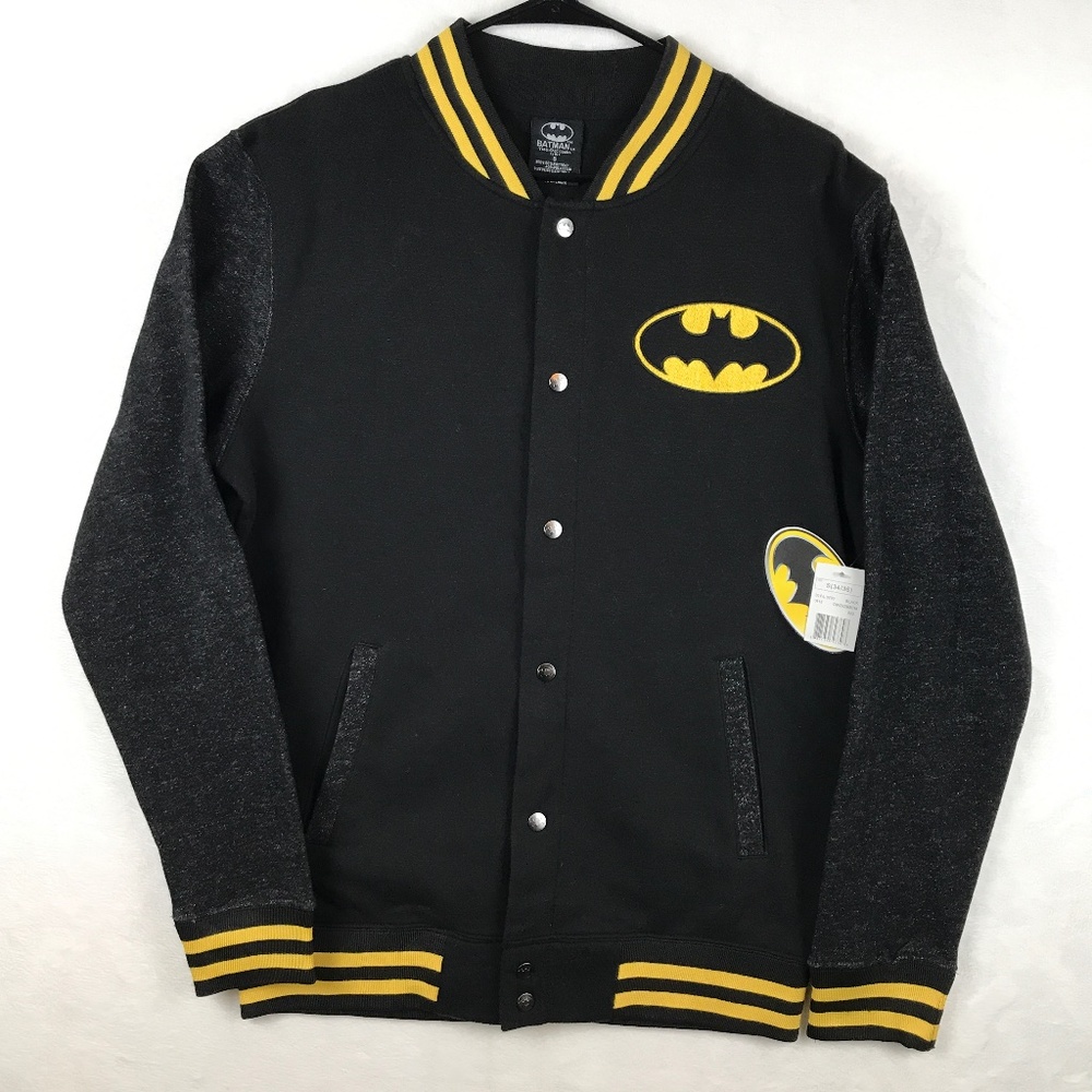 Batman Sweatshirt Jacket Mens Size S Small Black Snap Up Pockets Long Sleeve